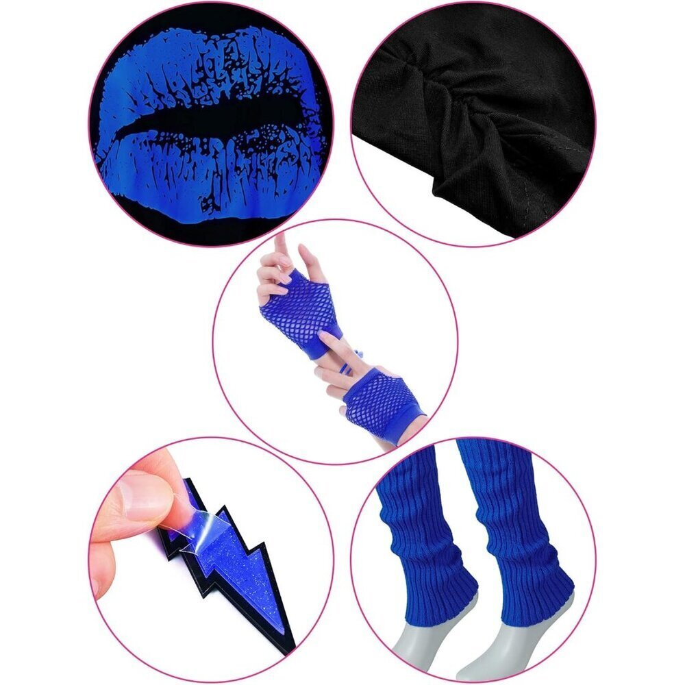 80s Costume Set for Women Neon T Shirt Tutu Skirt Accessories Party - Picture 3 of 5